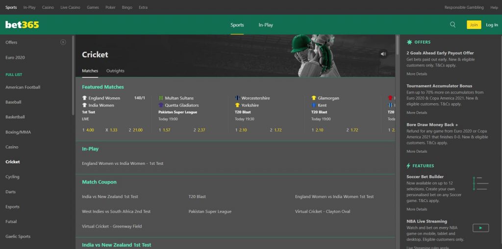 Betting on cricket at bet365